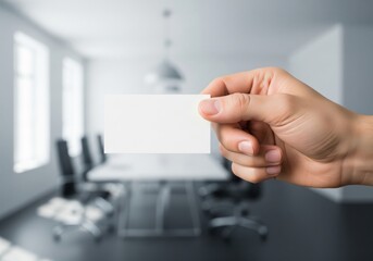 A hand holds a blank white business card in a blurred office setting.