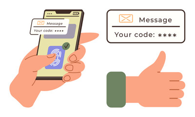 Smartphone with fingerprint scanner and message code authentication for security verification. Ideal for cybersecurity, technology, online safety, mobile apps, privacy, identity protection, simple