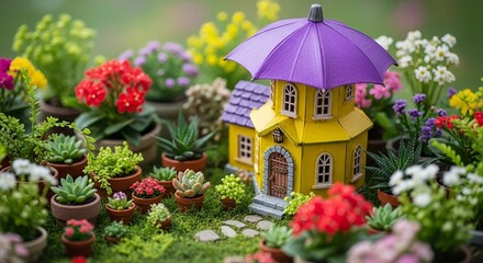 Miniature Yellow House with Purple Umbrella in a Vibrant Flower Garden