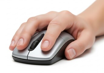 A hand operates a grey computer mouse on a white surface, symbolizing technology and digital work.