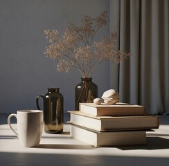 A serene indoor still life with books, vases, and delicate dried flowers under soft light.