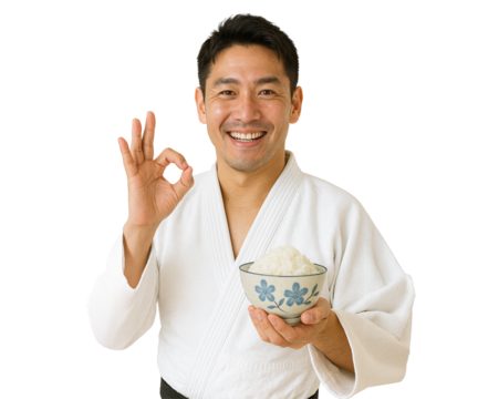 花柄の茶碗を持って笑顔でこちらを見るオッケーポーズをした柔道選手