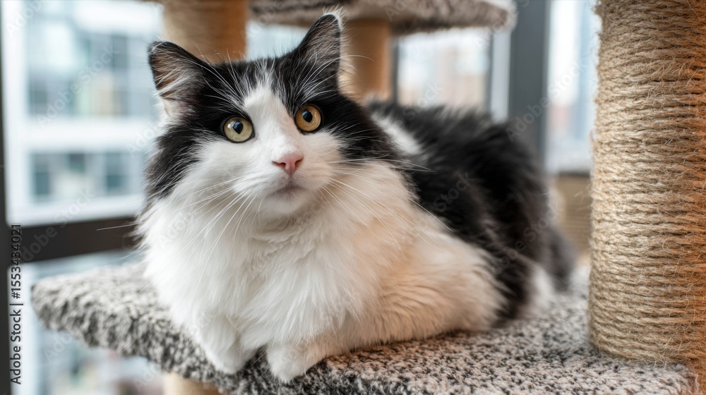Poster a chubby black-and-white cat perched on top of a cat tree, looking down with a regal expression, its