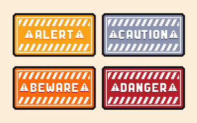 Set of the danger and attention signs, pixel icons. 8 bit pixel button set. Collection isolated vector illustrations