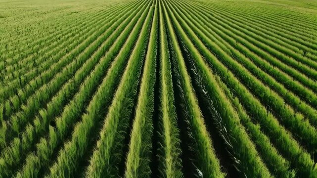 Aerial view over vast green field of ripening crops with parallel rows, presenting a landscape of agricultural fields and farmland