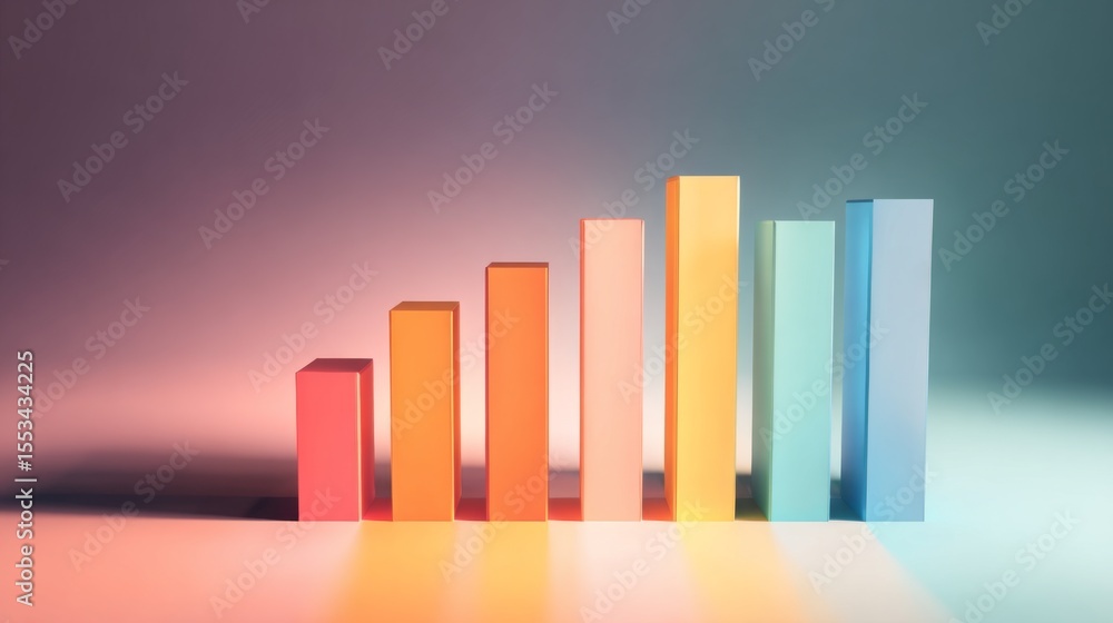 Poster A clean and minimalist D bar chart with tall, evenly spaced bars, cast shadows on a subtle gradient background, emphasizing clarity and precision in financial data.