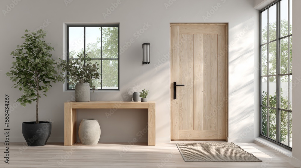 Poster a clean and simple entryway with minimalist decor, including a sleek console table, a small potted p