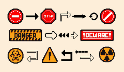 Set of the danger and attention signs, pixel icons. 8 bit pixel button set. Collection isolated vector illustrations