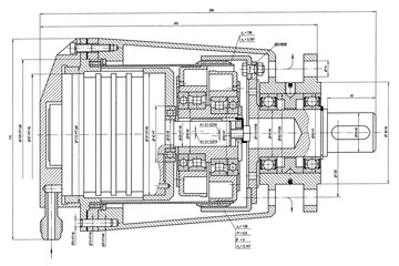 Engineering mechanical drawing of steel devices
- motor gear (reducer, gearbox, engine)
with dimension lines. Industrial 
cad scheme on paper sheet. Technology background
of machine building industry.