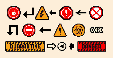 Set of the danger and attention signs, pixel icons. 8 bit pixel button set. Collection isolated vector illustrations
