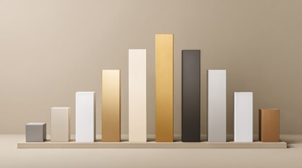 A clean, minimalist D bar chart with sleek, glossy bars in different heights, each representing financial growth over time, set against a neutral backdrop