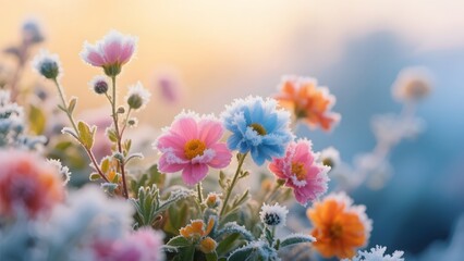 Colorful Frost Covered Flowers in Winter Morning Light