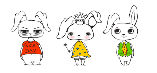 Collection of cute Easter rabbits. Cartoon characters of happy bunnies for the card, sticker, banner, package design. Vector illustrations