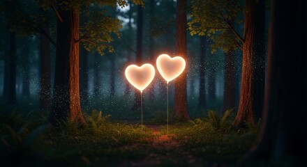 Enchanted Forest: Two Glowing Hearts in a Mystical Night