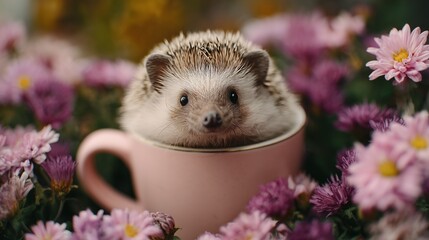 Adorable hedgehog nestled in a pink teacup, surrounded by vibrant purple and pink flowers in a cozy garden.