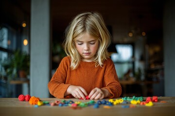 Fototapeta premium A cute little girl engages in a creative game with colorful shapes at a table.