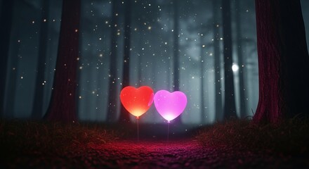 Enchanted Forest: Two Glowing Hearts in a Mystical Night