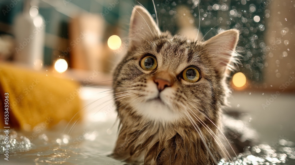 Poster a close-up of a cat sitting in a shallow bath with gentle water splashing around, showing its curiou
