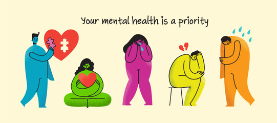 Take care of your body, take care of your health and mind. Increase awareness of mental health. Mental Health Awareness Month. Control, Prevention campaign and protection.