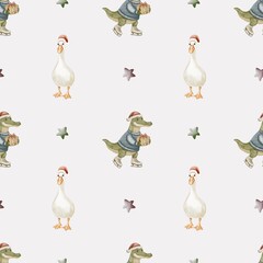 Winter themed watercolor seamless pattern featuring playful animals in holiday attire
