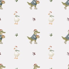 Winter watercolor pattern with a playful alligator and a festive goose
