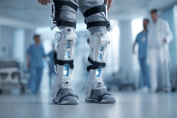 A person tests a robotic exoskeleton, representing innovation in healthcare.