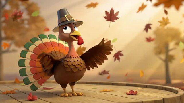 Cartoon turkey with colorful feathers dances for happy thanksgiving scene