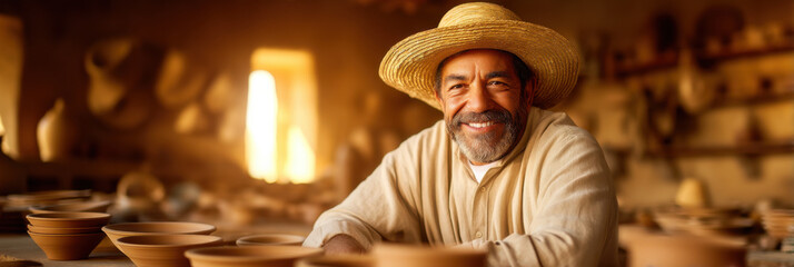 An elderly man wearing a straw hat smiles warmly while surrounded by handcrafted clay pottery in a sunlit workshop.