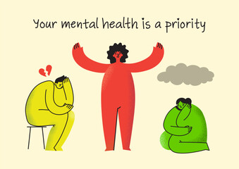 Take care of your body, take care of your health and mind. Increase awareness of mental health. Mental Health Awareness Month. Control, Prevention campaign and protection.