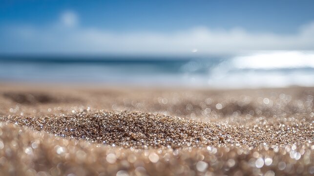 Empty sandy beach with bokeh background, blue sky and distant ocean. Smooth sand with fine particles visible, perfect for text or product presentations, capturing the essence of the summer sea.