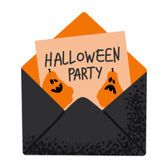 Halloween invitation card featuring in black envelope with pumpkins and bold Halloween Party lettering. Perfect for October party planning and seasonal designs