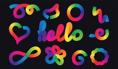 Set of colorful abstract ribbon elements with gradient transitions in rainbow hues in black background. Curved and twisted shapes ideal for festive designs, digital artwork and modern compositions