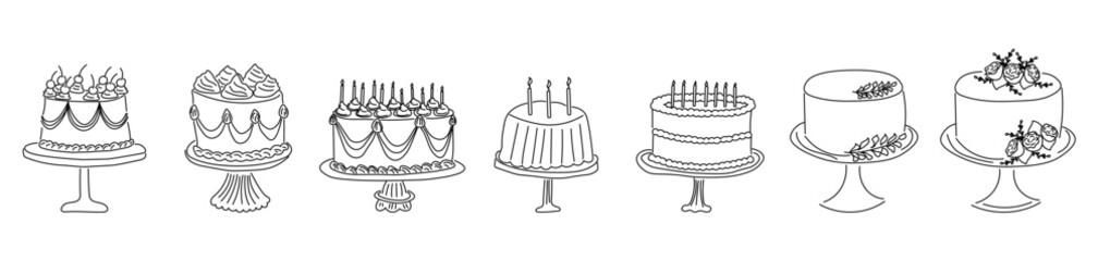 Set of hand drawn birthday cakes. Vintage cake illustrations with candles, floral decor and whipped cream. Perfect for coloring pages, baking blogs, party printables