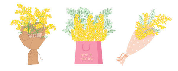 Set of Mimosa Bouquets. Spring Yellow Flowers Collection. Floral illustration in a soft, elegant style for spring holidays