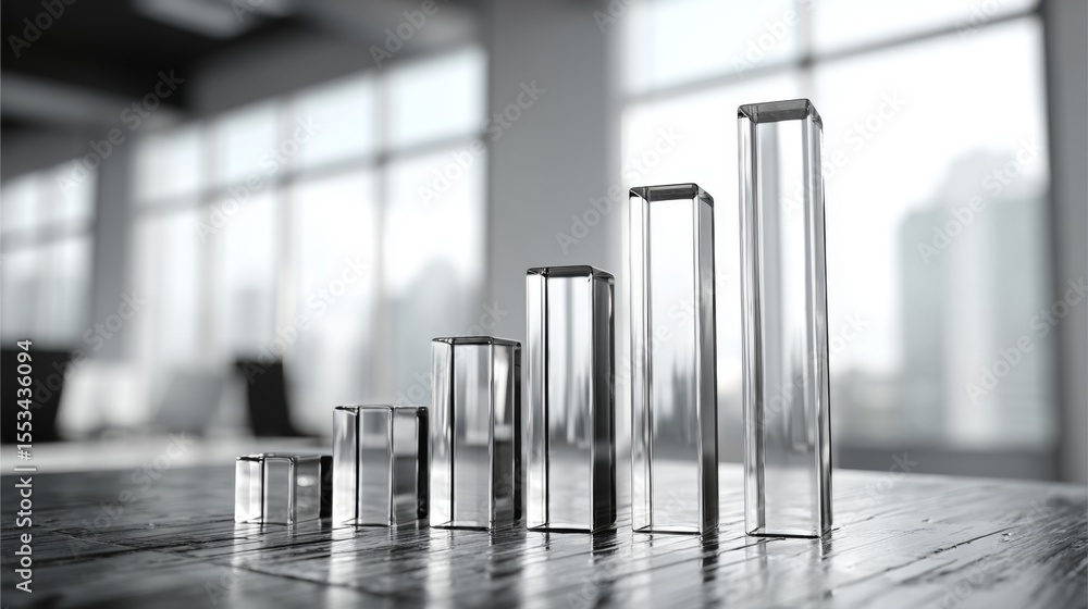 Poster a close-up of a financial bar graph with tall, transparent bars rising against a minimalist backgrou