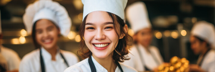 A smiling young female chef wearing a white uniform and hat, with other chefs blurred in the background, in a professional kitchen setting.