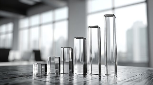 A close-up of a financial bar graph with tall, transparent bars rising against a minimalist background, showcasing clear financial growth