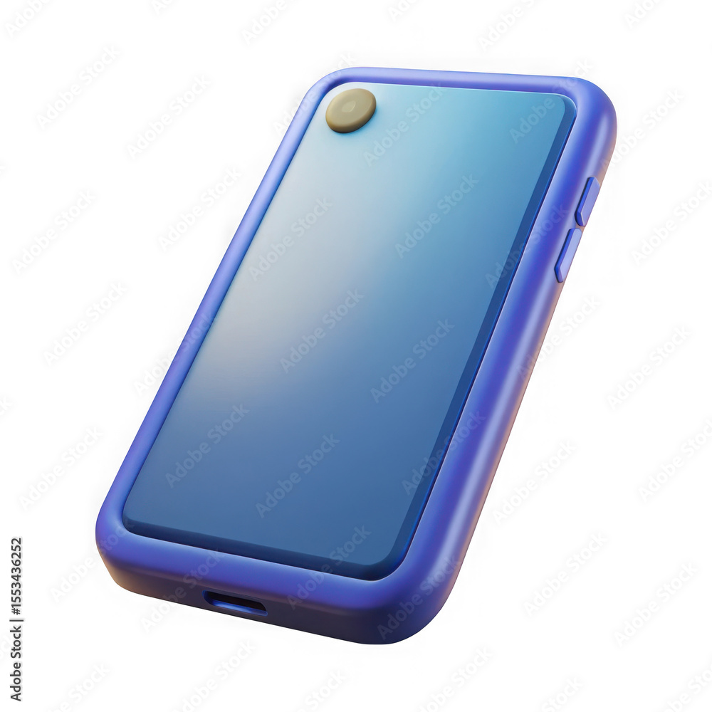 Poster modern blue smartphone with a rounded camera lens and buttons isolated on transparent background