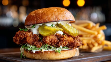 A close-up of a fried chicken sandwich with crispy chicken fillet, lettuce, pickles, and mayo, served on a toasted bun with a side of fries.