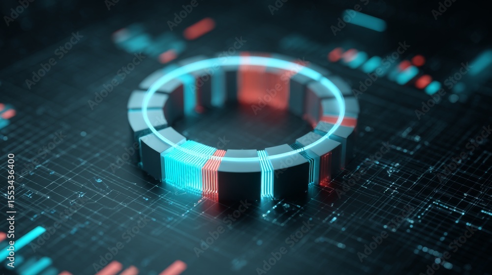 Aufkleber A close-up of a futuristic D donut chart with segmented, glowing parts, floating above a digital grid, representing complex financial data