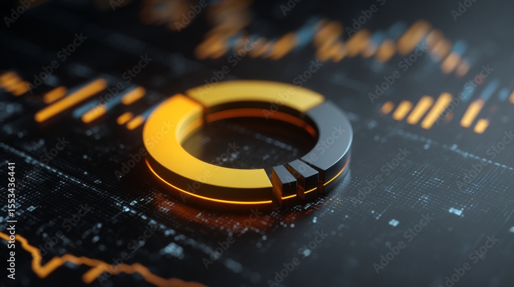 Aufkleber A close-up of a futuristic D donut chart with segmented, glowing parts, floating above a digital grid, representing complex financial data