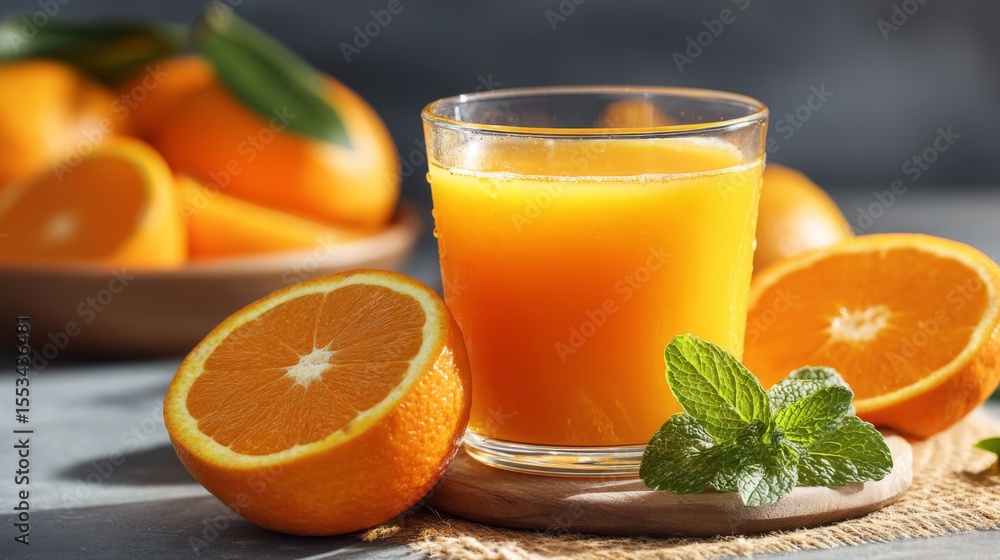 Poster a close-up of a glass of freshly squeezed orange juice, glistening in the sunlight, surrounded by ha