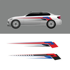 Car livery decal design with dynamic abstract striped motif. Using a sharp combination of red, blue, and black, © rina
