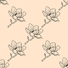 Seamples pattern black line drawing of a magnolia flower on light background. Vintage botanical design perfect for textile, wrapping paper