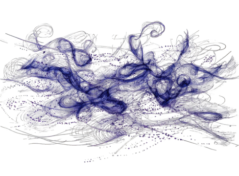 Abstract, swirling, purple and gray shapes with scattered specks