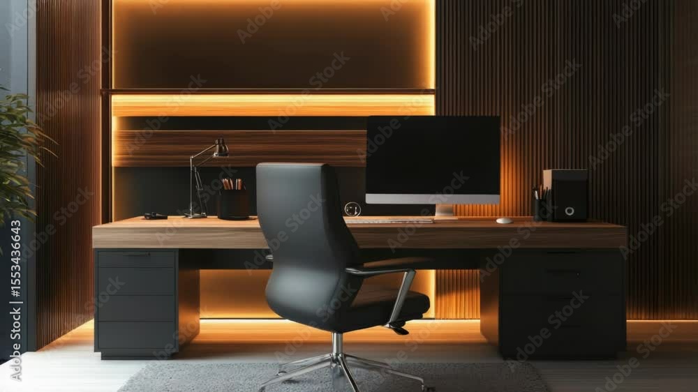 Poster a standard office setup featuring a desk with a computer and a monitor