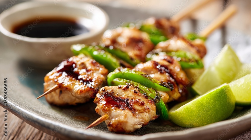 Poster a close-up of a grilled yakitori skewer with tender chicken pieces and green peppers, beautifully pr