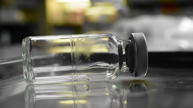 Close-up of empty medical vial on table.