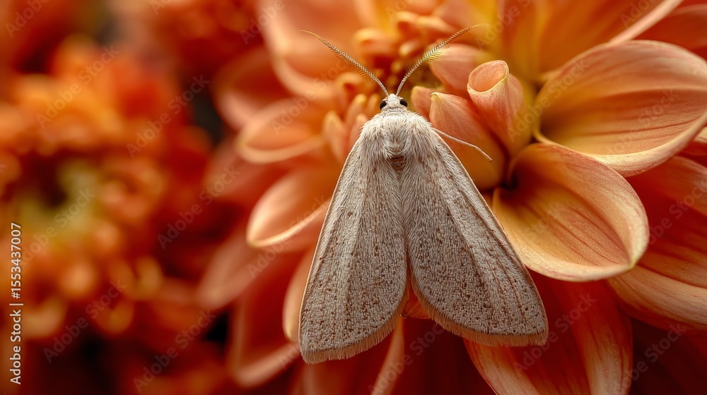 Poster a close-up of a moth resting on a flower petal, showcasing its soft wings and natural colors against