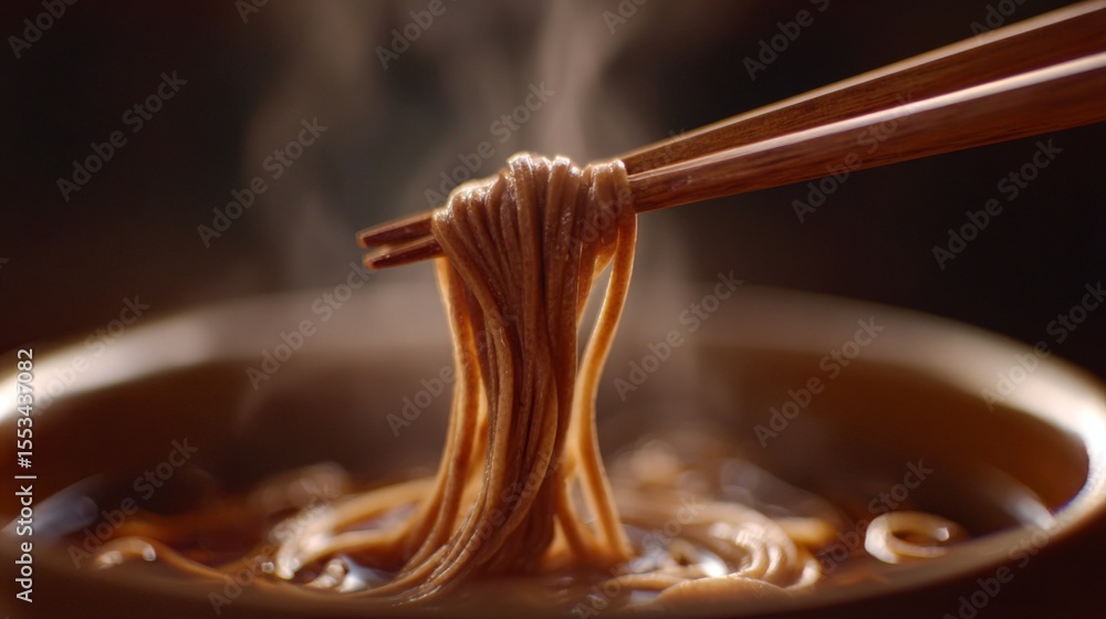 Poster a close-up of a pair of chopsticks lifting a bundle of soba noodles from a bowl, showcasing their te